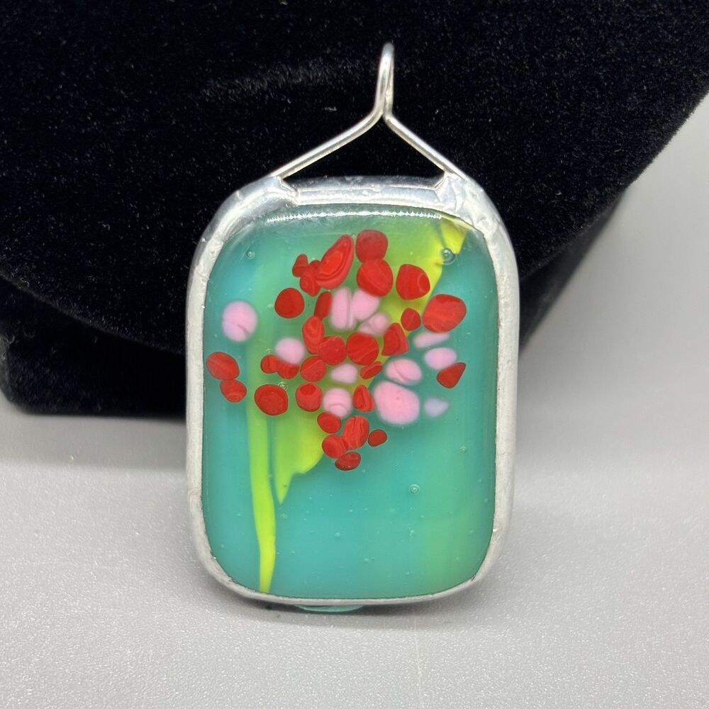 Fused Glass Pendant Silver Wrapped Frame Floral Abstract Artisan Jewelry Blue